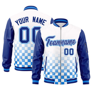 Custom White Royal-Powder Blue Grid Varsity Full-Zip Color Block Letterman Raglan Sleeve Jacket