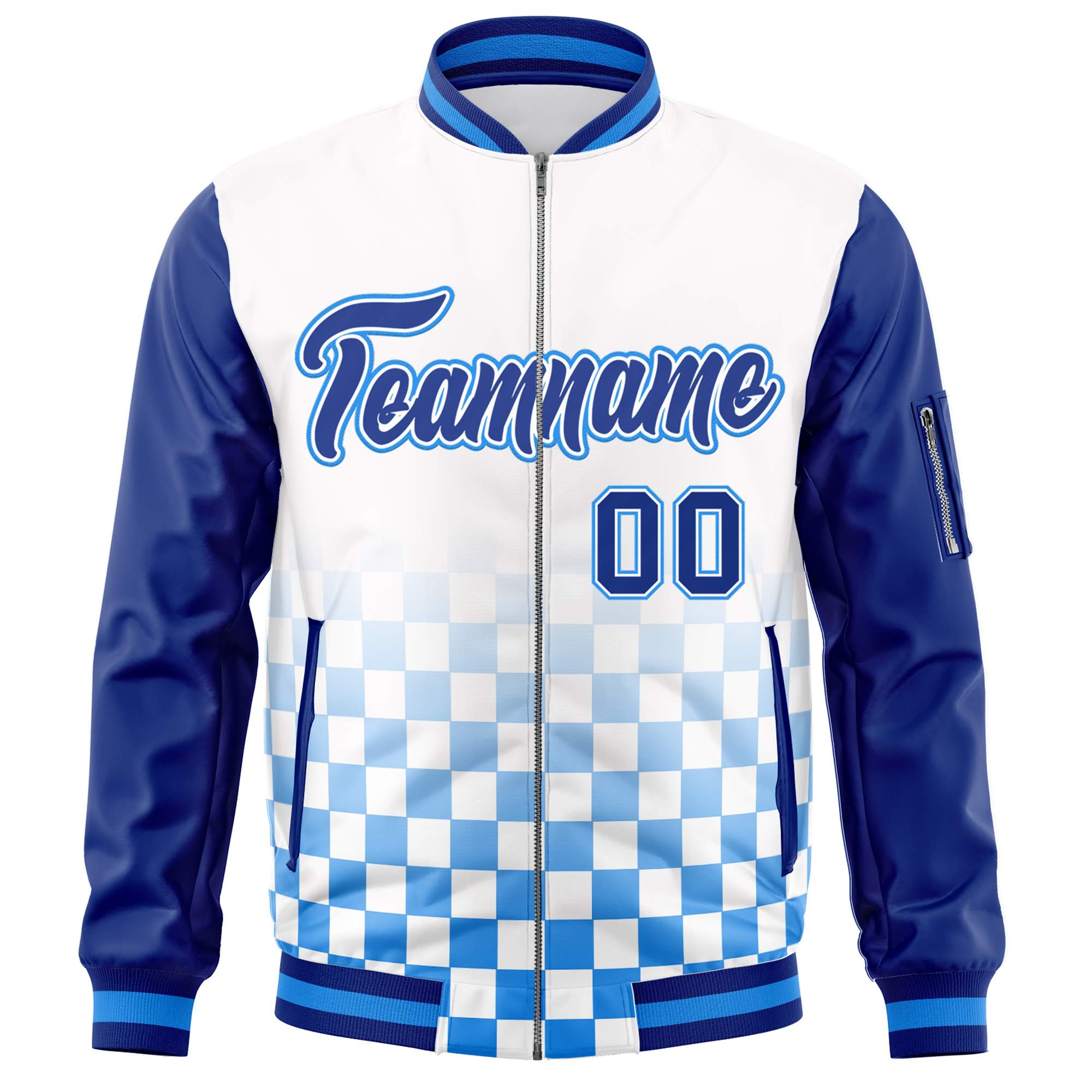 Custom White Royal-Powder Blue Grid Varsity Full-Zip Color Block Letterman Raglan Sleeve Jacket