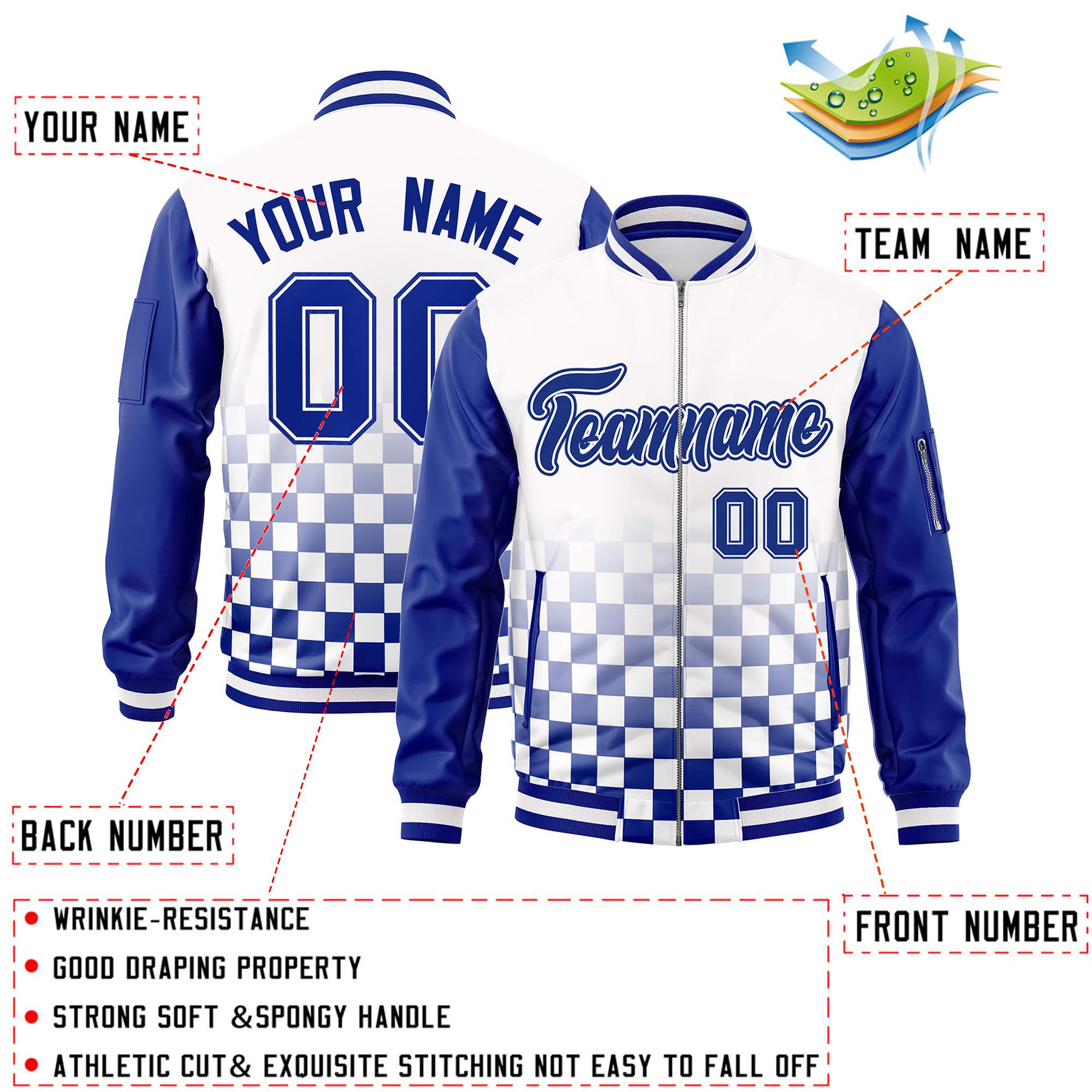 Custom White Royal Grid Varsity Full-Zip Color Block Letterman Raglan Sleeve Jacket