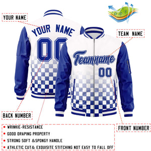 Custom White Royal Grid Varsity Full-Zip Color Block Letterman Raglan Sleeve Jacket