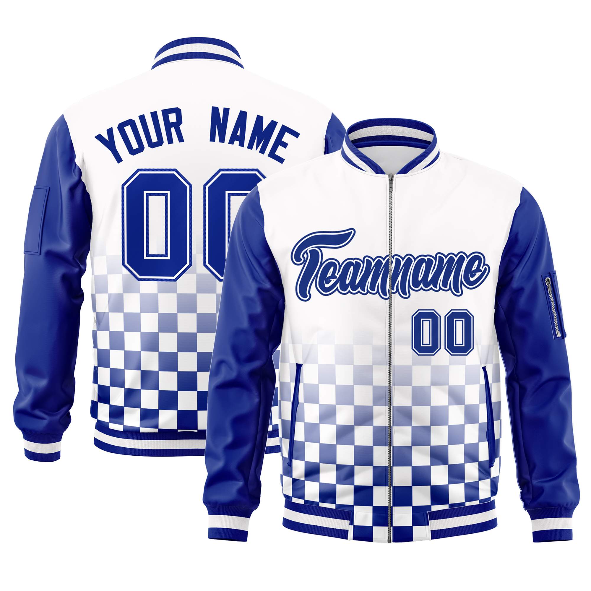 Custom White Royal Grid Varsity Full-Zip Color Block Letterman Raglan Sleeve Jacket