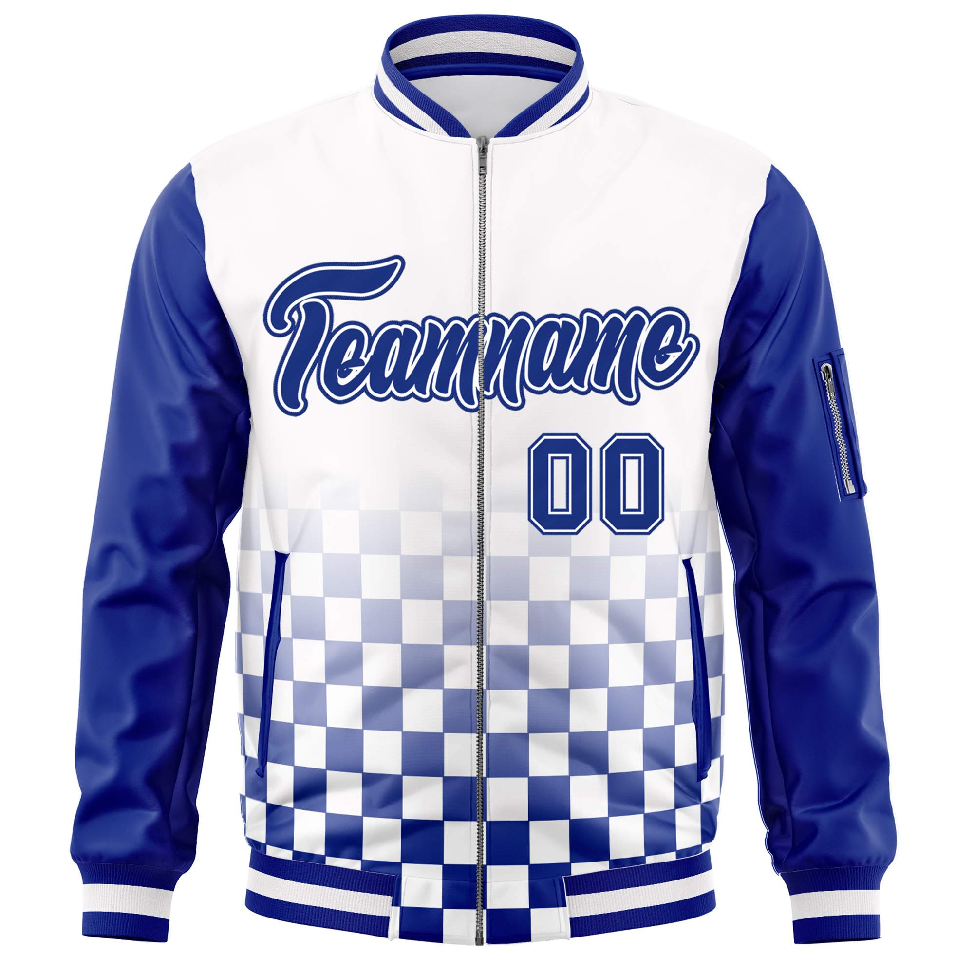 Custom White Royal Grid Varsity Full-Zip Color Block Letterman Raglan Sleeve Jacket