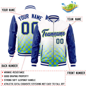 Custom White Royal-Neon Green Grid Varsity Full-Zip Color Block Letterman Raglan Sleeve Jacket