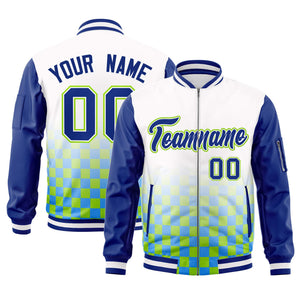 Custom White Royal-Neon Green Grid Varsity Full-Zip Color Block Letterman Raglan Sleeve Jacket