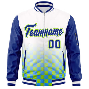 Custom White Royal-Neon Green Grid Varsity Full-Zip Color Block Letterman Raglan Sleeve Jacket