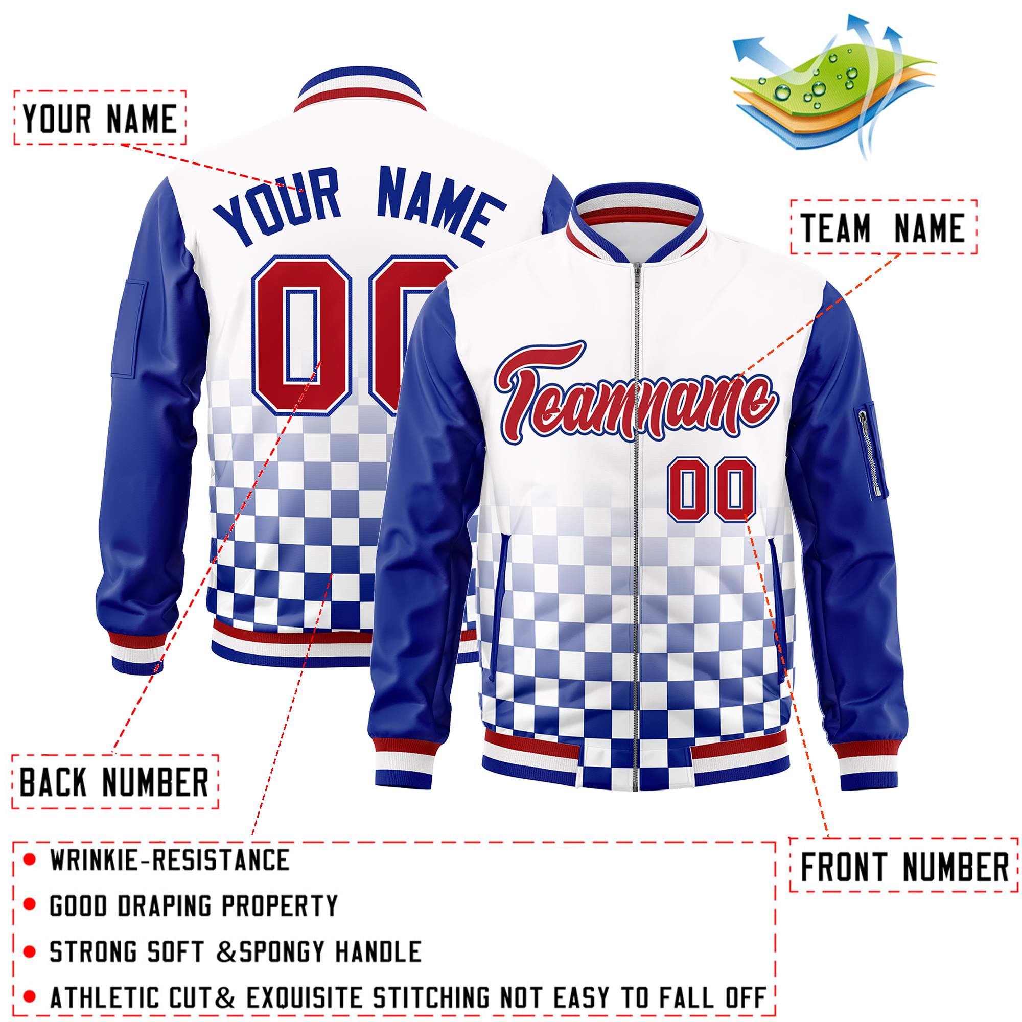 Custom White Red-Royal Grid Varsity Full-Zip Color Block Letterman Raglan Sleeve Jacket