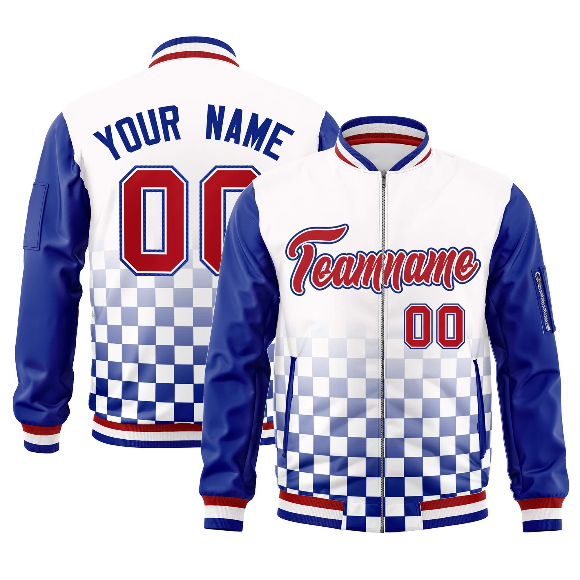 Custom White Red-Royal Grid Varsity Full-Zip Color Block Letterman Raglan Sleeve Jacket