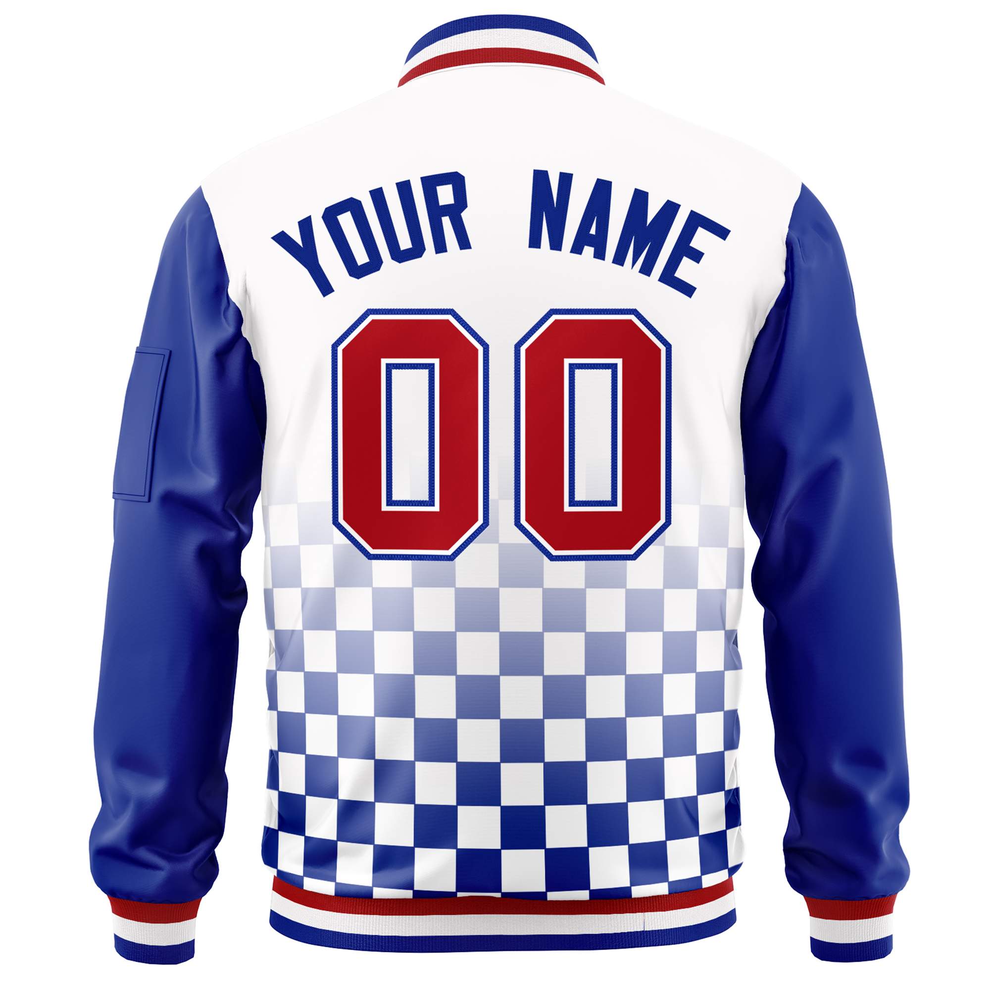 Custom White Red-Royal Grid Varsity Full-Zip Color Block Letterman Raglan Sleeve Jacket