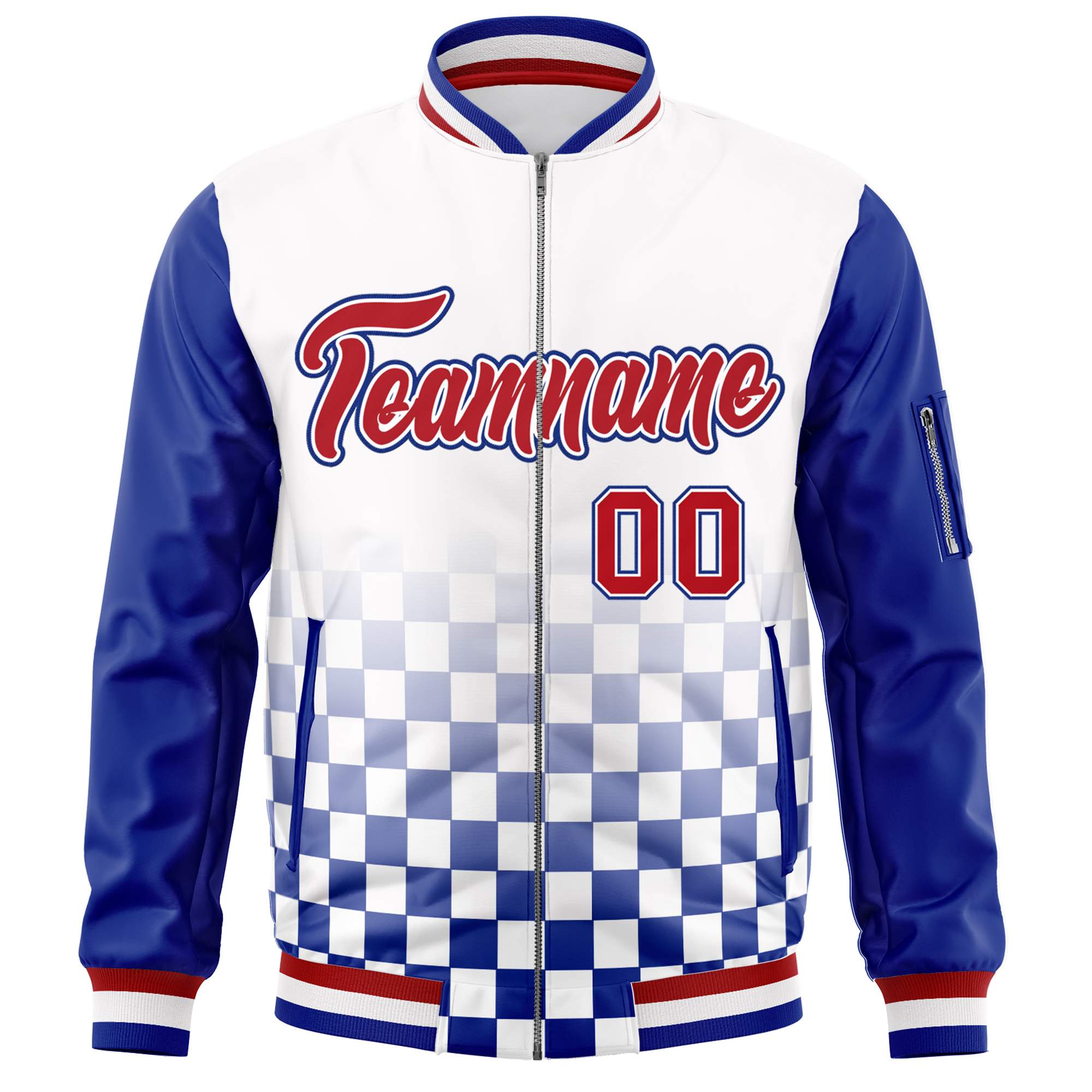 Custom White Red-Royal Grid Varsity Full-Zip Color Block Letterman Raglan Sleeve Jacket