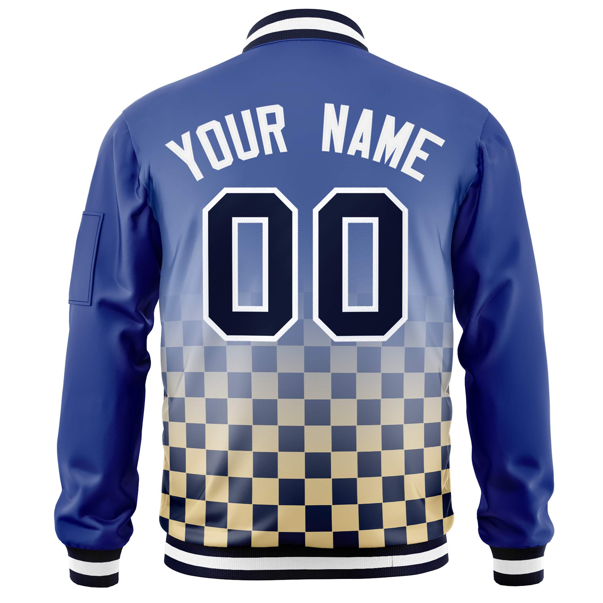 Custom Royal Navy-White Grid Varsity Full-Zip Color Block Letterman Bomber Jacket