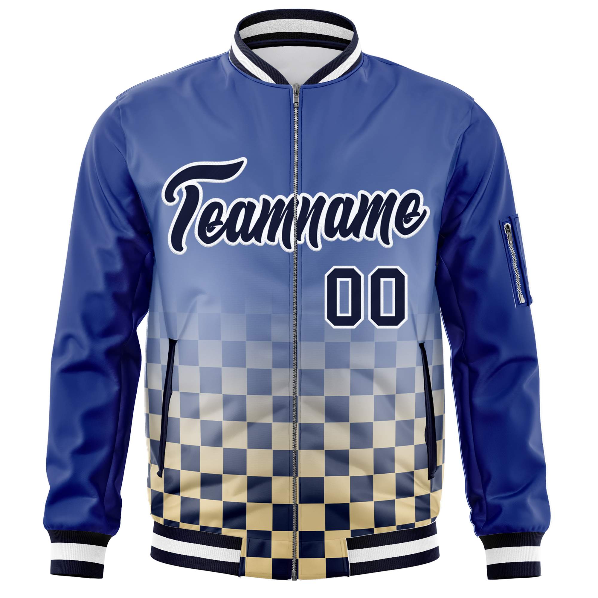 Custom Royal Navy-White Grid Varsity Full-Zip Color Block Letterman Bomber Jacket