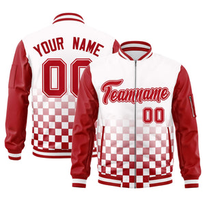 Custom White Red Grid Varsity Full-Zip Color Block Letterman Raglan Sleeve Jacket