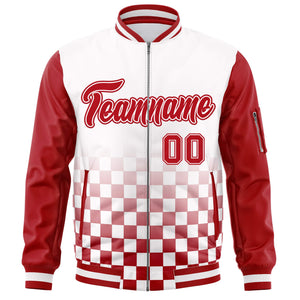 Custom White Red Grid Varsity Full-Zip Color Block Letterman Raglan Sleeve Jacket