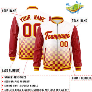 Custom White Red-Gold Grid Varsity Full-Zip Color Block Letterman Raglan Sleeve Jacket