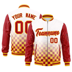 Custom White Red-Gold Grid Varsity Full-Zip Color Block Letterman Raglan Sleeve Jacket