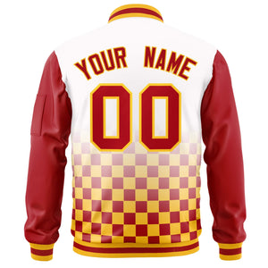 Custom White Red-Gold Grid Varsity Full-Zip Color Block Letterman Raglan Sleeve Jacket