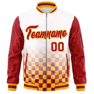 Custom White Red-Gold Grid Varsity Full-Zip Color Block Letterman Raglan Sleeve Jacket