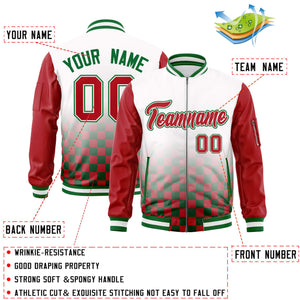 Custom White Red-Kelly Green Grid Varsity Full-Zip Color Block Letterman Raglan Sleeve Jacket