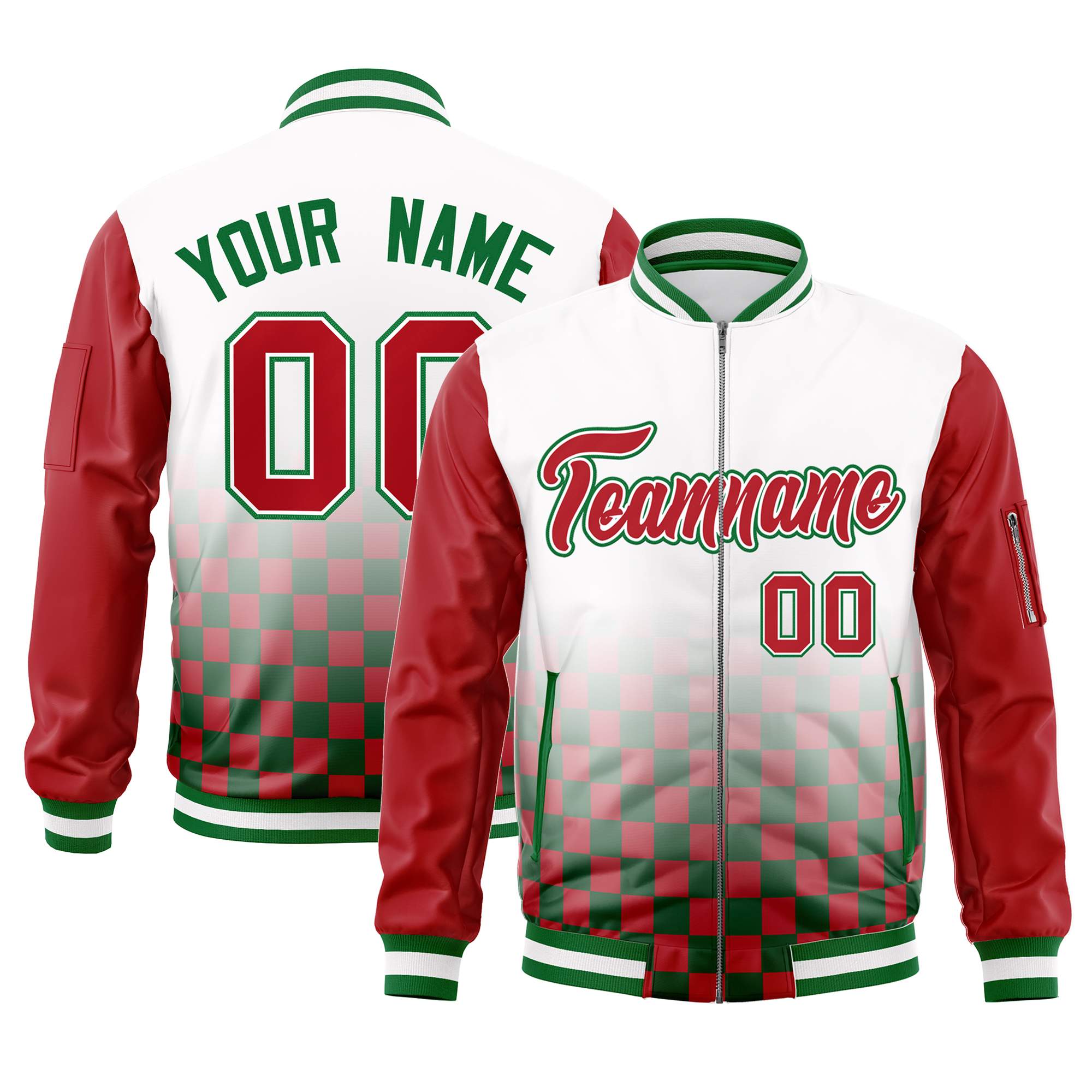 Custom White Red-Kelly Green Grid Varsity Full-Zip Color Block Letterman Raglan Sleeve Jacket