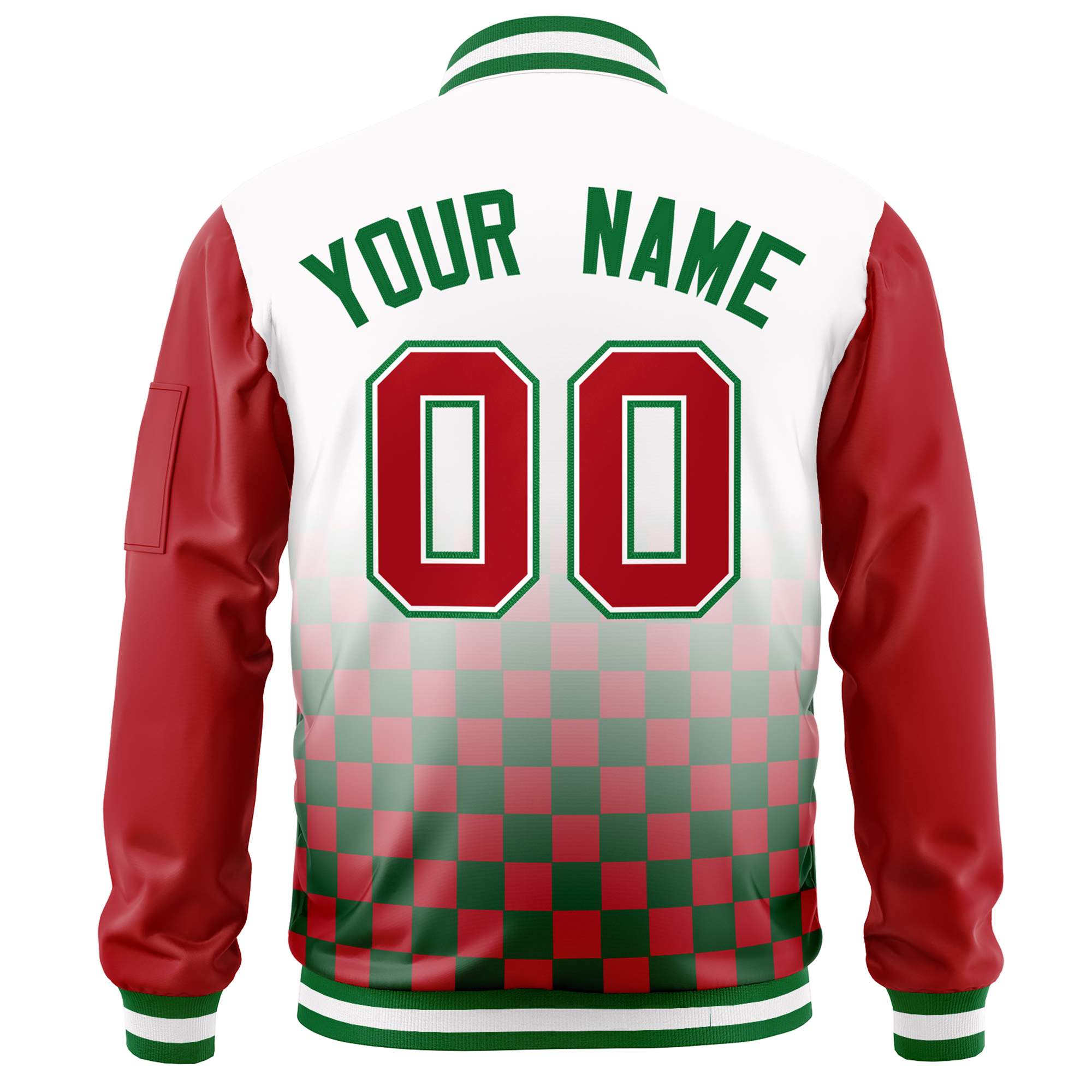 Custom White Red-Kelly Green Grid Varsity Full-Zip Color Block Letterman Raglan Sleeve Jacket