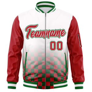 Custom White Red-Kelly Green Grid Varsity Full-Zip Color Block Letterman Raglan Sleeve Jacket