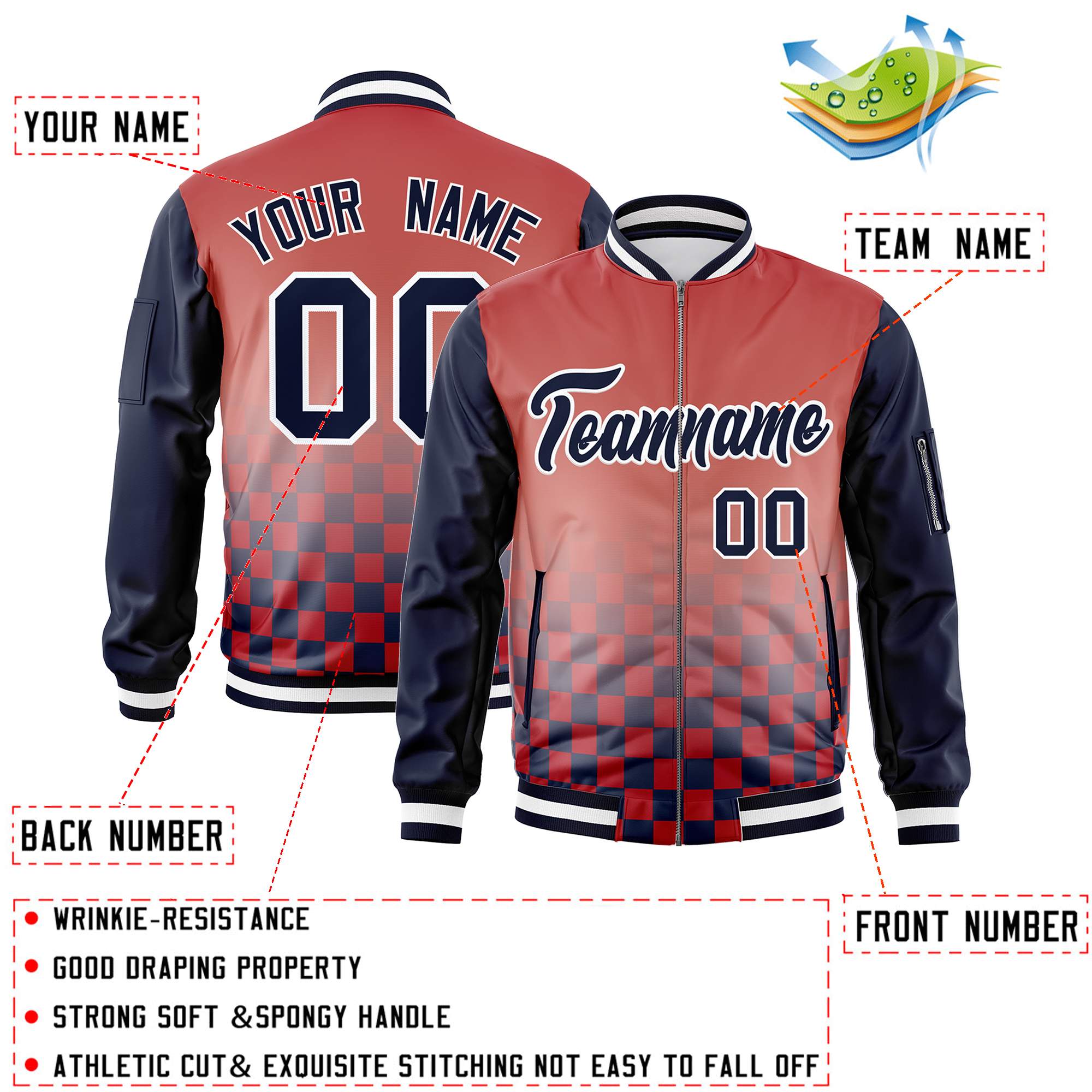 Custom Red Navy-White Grid Varsity Full-Zip Color Block Letterman Raglan Sleeve Jacket