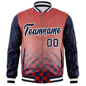 Custom Red Navy-White Grid Varsity Full-Zip Color Block Letterman Raglan Sleeve Jacket