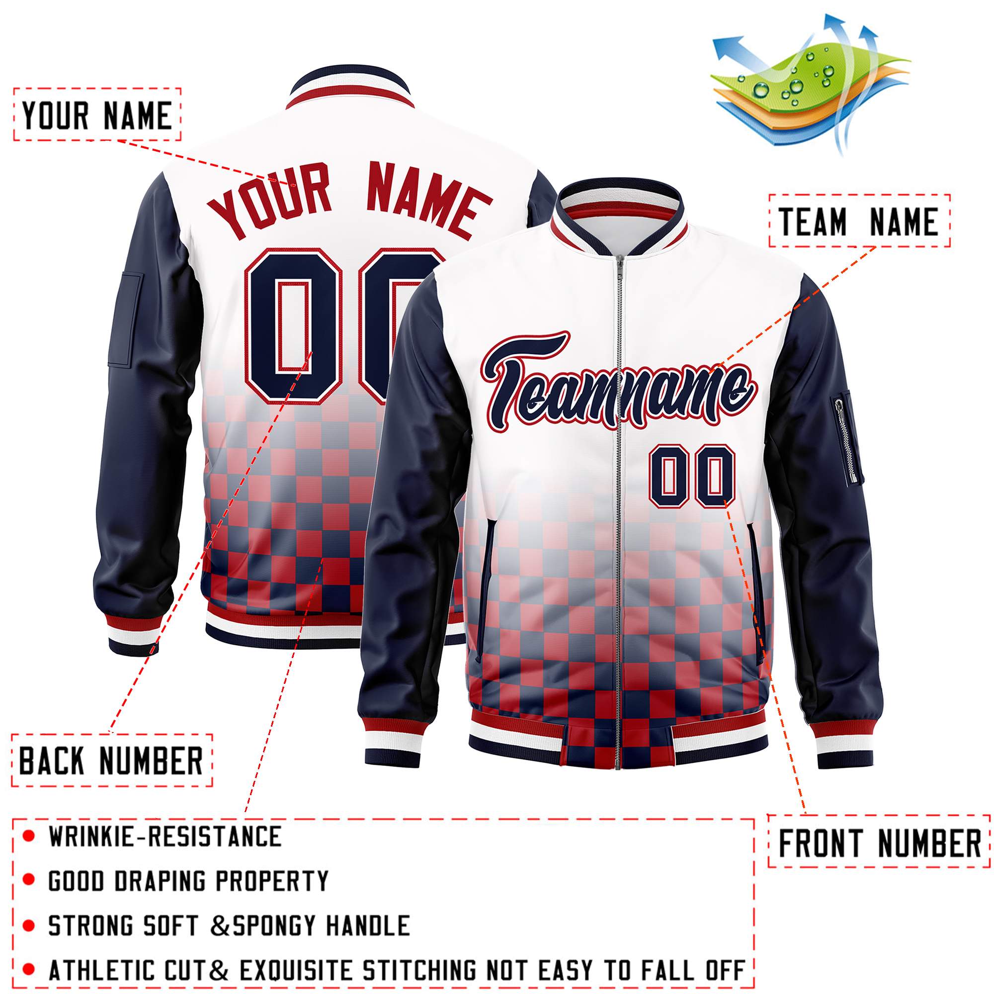 Custom White Navy-Red Grid Varsity Full-Zip Color Block Letterman Raglan Sleeve Jacket