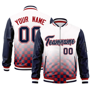 Custom White Navy-Red Grid Varsity Full-Zip Color Block Letterman Raglan Sleeve Jacket