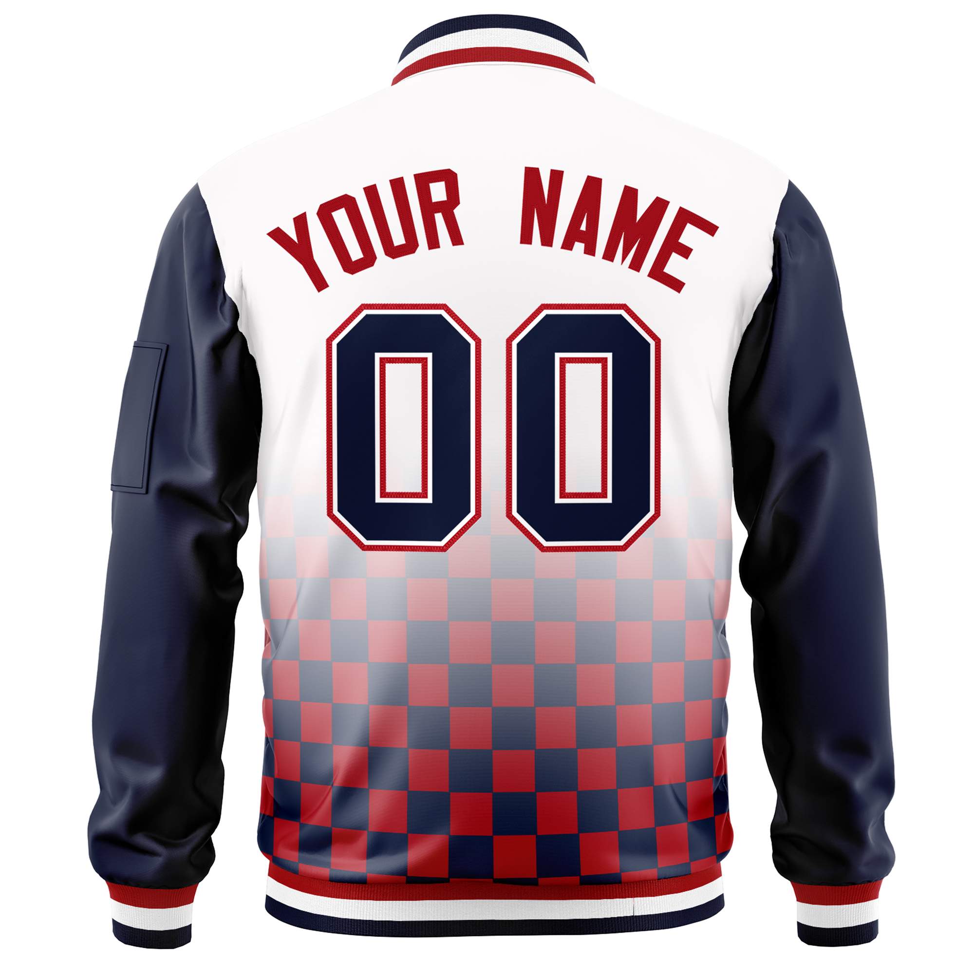 Custom White Navy-Red Grid Varsity Full-Zip Color Block Letterman Raglan Sleeve Jacket