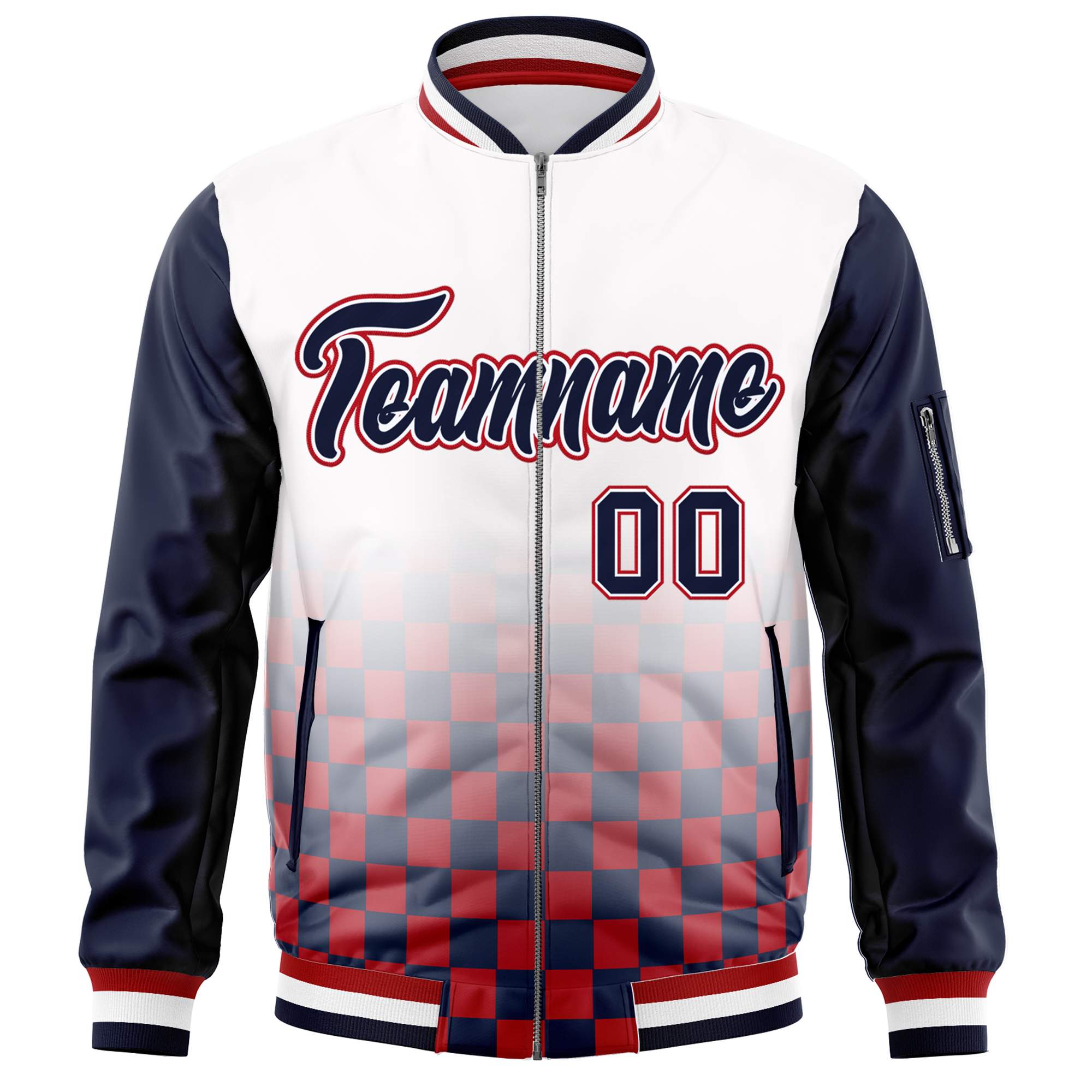 Custom White Navy-Red Grid Varsity Full-Zip Color Block Letterman Raglan Sleeve Jacket