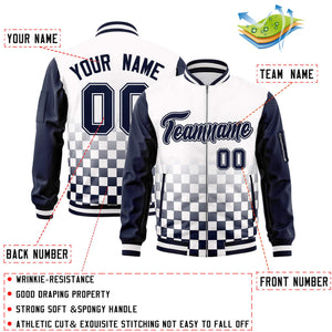 Custom White Navy Grid Varsity Full-Zip Color Block Letterman Raglan Sleeve Jacket