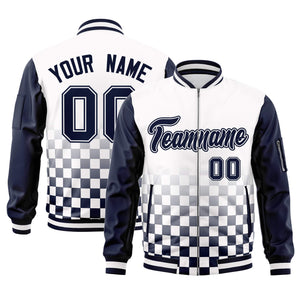 Custom White Navy Grid Varsity Full-Zip Color Block Letterman Raglan Sleeve Jacket