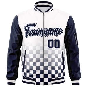 Custom White Navy Grid Varsity Full-Zip Color Block Letterman Raglan Sleeve Jacket