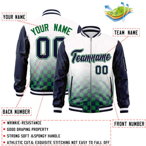 Custom White Navy-Kelly Green Grid Varsity Full-Zip Color Block Letterman Raglan Sleeve Jacket