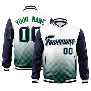 Custom White Navy-Kelly Green Grid Varsity Full-Zip Color Block Letterman Raglan Sleeve Jacket