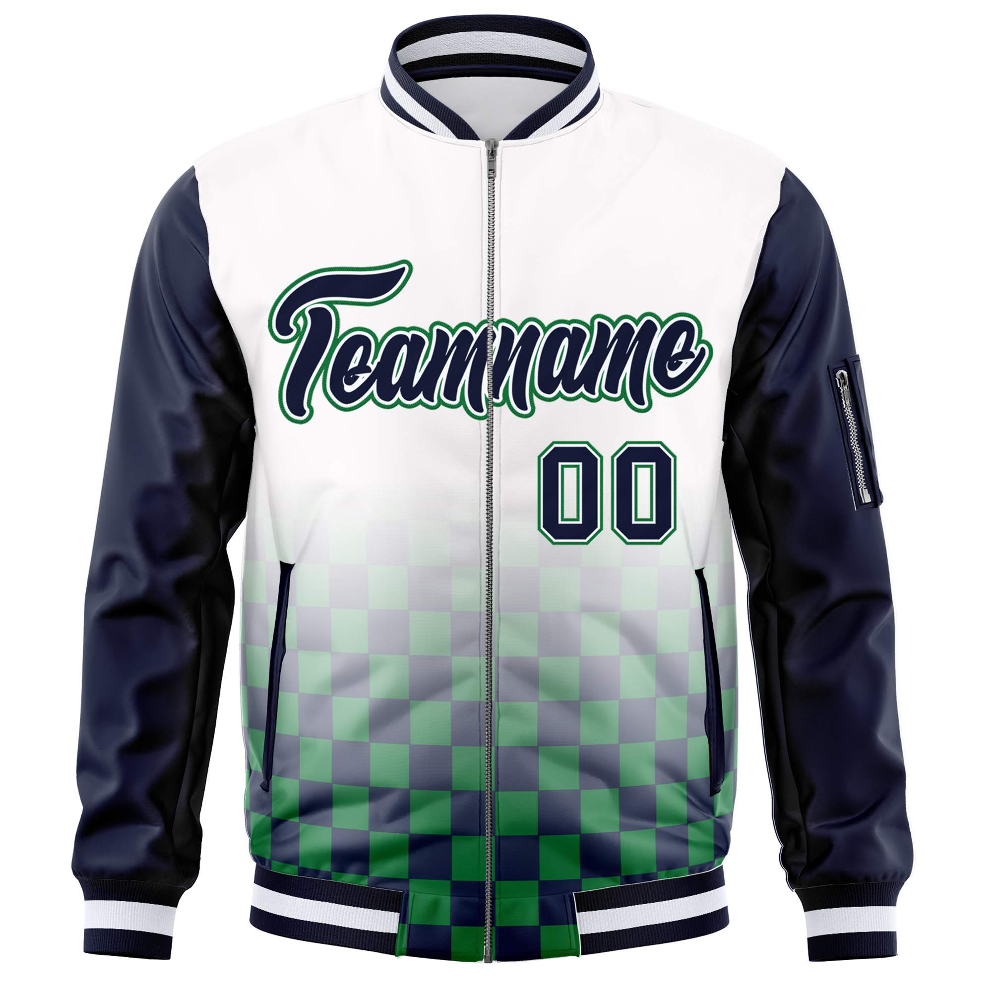 Custom White Navy-Kelly Green Grid Varsity Full-Zip Color Block Letterman Raglan Sleeve Jacket