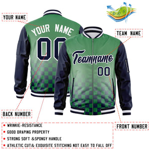 Custom Kelly Green Navy-White Grid Varsity Full-Zip Color Block Letterman Raglan Sleeve Jacket