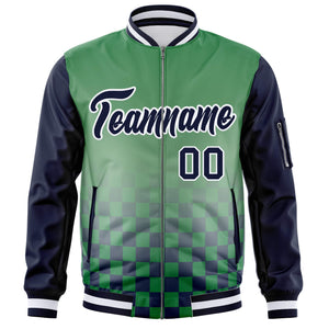 Custom Kelly Green Navy-White Grid Varsity Full-Zip Color Block Letterman Raglan Sleeve Jacket