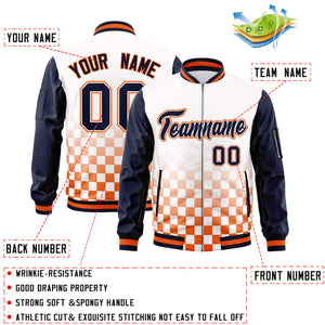 Custom White Navy-Orange Grid Varsity Full-Zip Color Block Letterman Raglan Sleeve Jacket