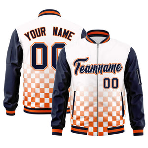 Custom White Navy-Orange Grid Varsity Full-Zip Color Block Letterman Raglan Sleeve Jacket