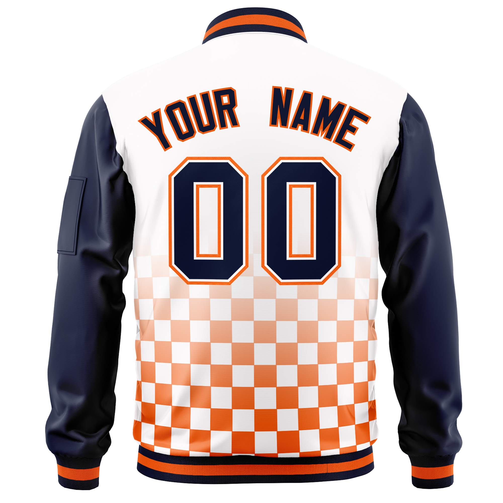 Custom White Navy-Orange Grid Varsity Full-Zip Color Block Letterman Raglan Sleeve Jacket