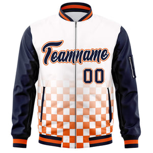 Custom White Navy-Orange Grid Varsity Full-Zip Color Block Letterman Raglan Sleeve Jacket