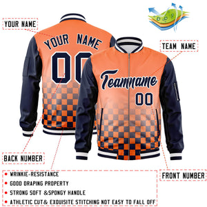 Custom Orange Navy-White Grid Varsity Full-Zip Color Block Letterman Raglan Sleeve Jacket