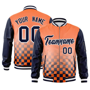 Custom Orange Navy-White Grid Varsity Full-Zip Color Block Letterman Raglan Sleeve Jacket