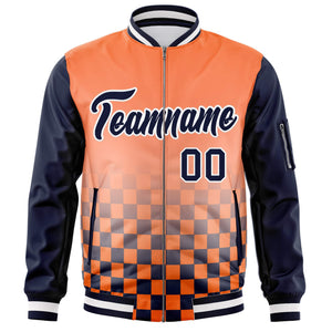 Custom Orange Navy-White Grid Varsity Full-Zip Color Block Letterman Raglan Sleeve Jacket