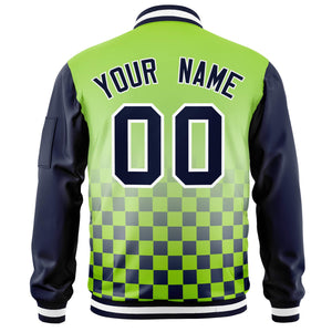 Custom Neon Green Navy-White Grid Varsity Full-Zip Color Block Letterman Raglan Sleeve Jacket