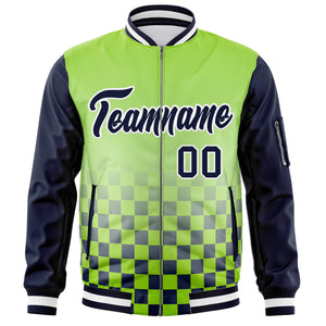 Custom Neon Green Navy-White Grid Varsity Full-Zip Color Block Letterman Raglan Sleeve Jacket