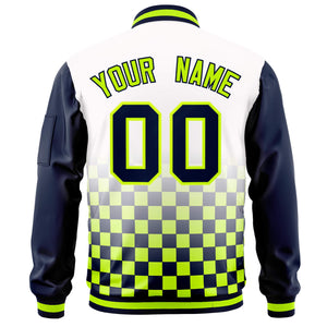 Custom White Navy-Neon Green Grid Varsity Full-Zip Color Block Letterman Raglan Sleeve Jacket