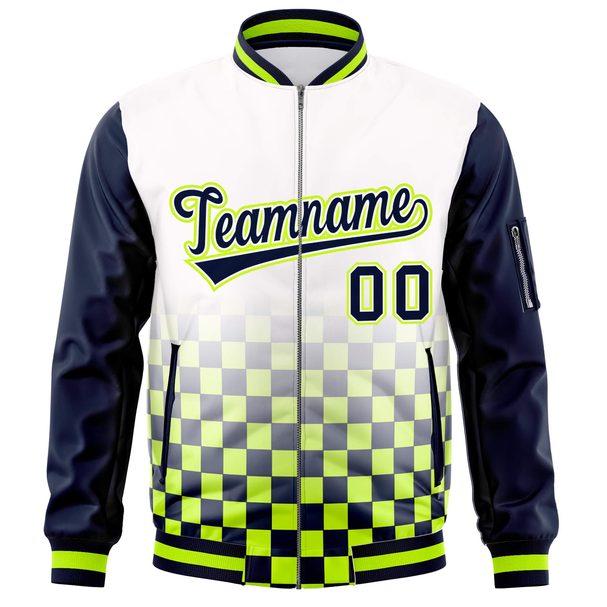 Custom White Navy-Neon Green Grid Varsity Full-Zip Color Block Letterman Raglan Sleeve Jacket